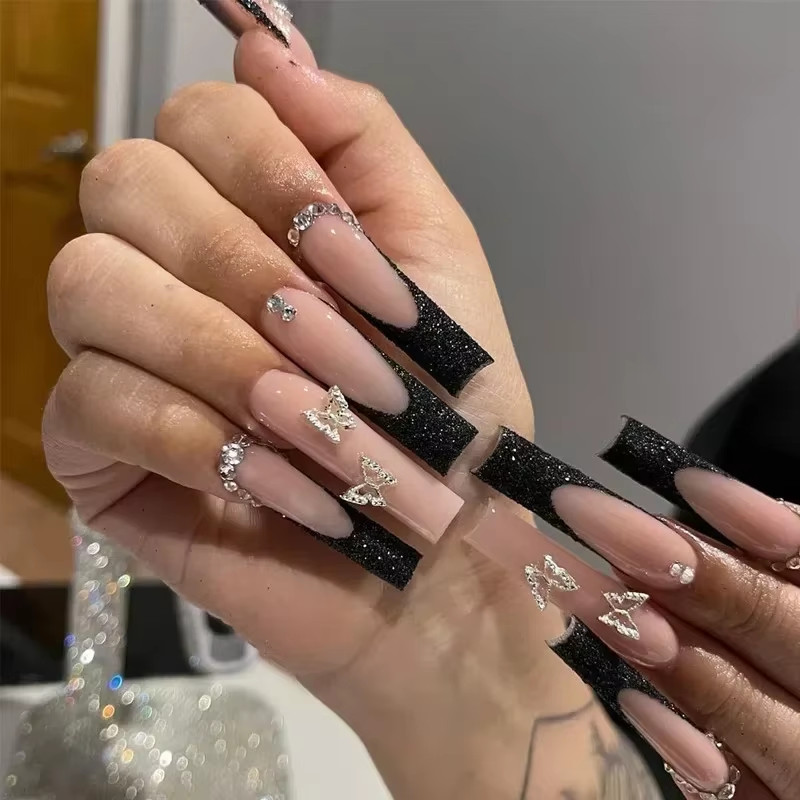 24Pcs Long French Fake Nails with Glue Ballet False Nails Butterfly Rhinestone D