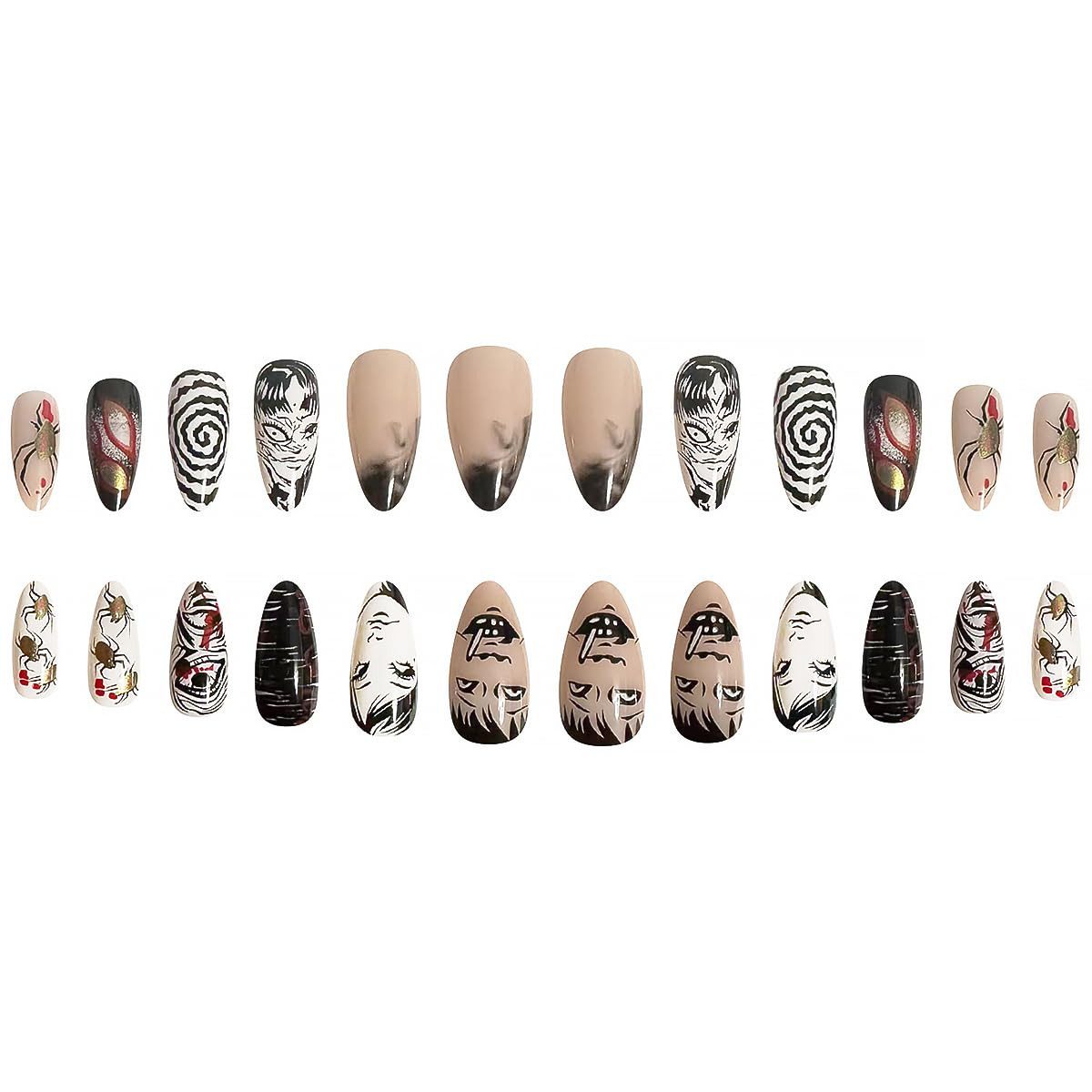 24Pcs Medium Press on Almond Fake Nails – Punk Cartoon Anime Design, Black White