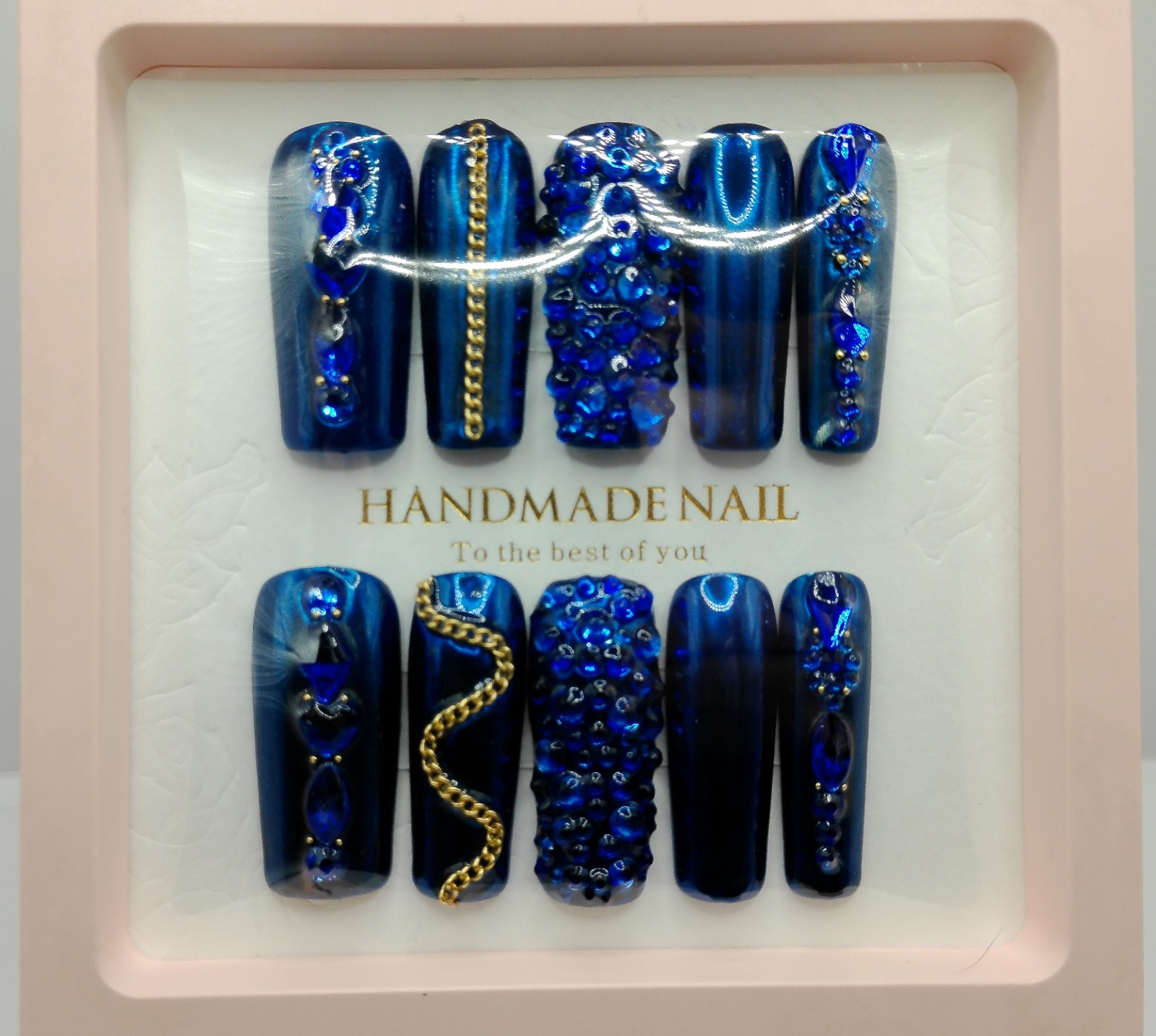 X Long Royal Blue Chrome Square Press-on Nails with Matching Gemstones – Large