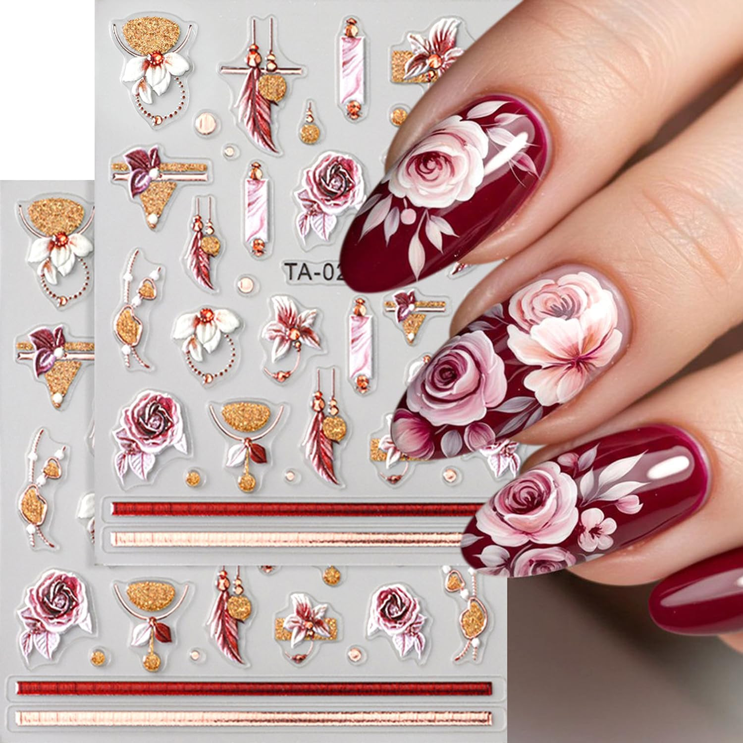 2Sheets 5D Embossed Flower Nail Art Stickers Self-Adhesive Smudge Rose Flowers F