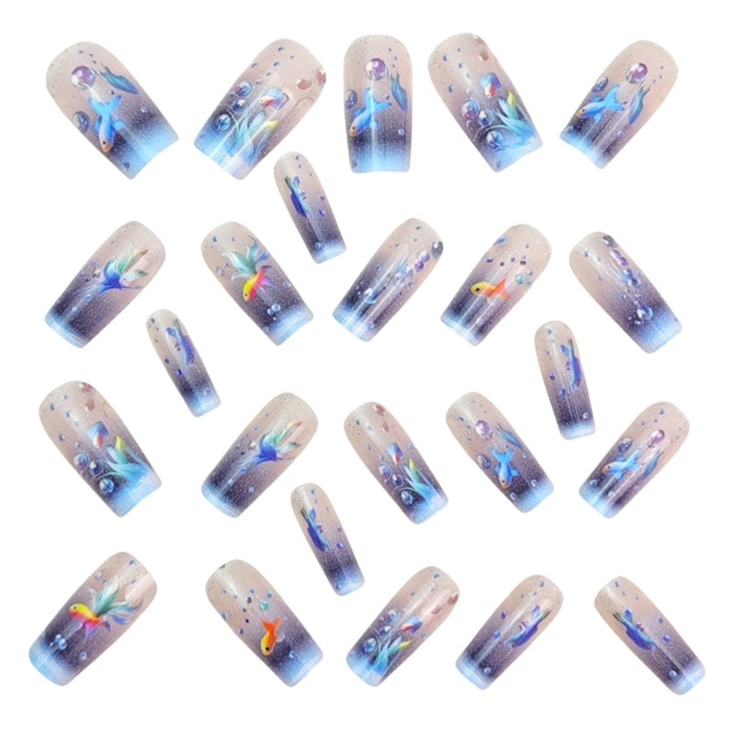 24Pcs Sea Inspired False Nail With Goldfish Design Long Lasting Nail Art