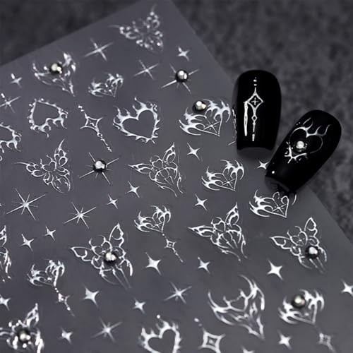 Silver Star Nail Art Stickers 5D Self Adhesive Heart Silver Butterfly Star