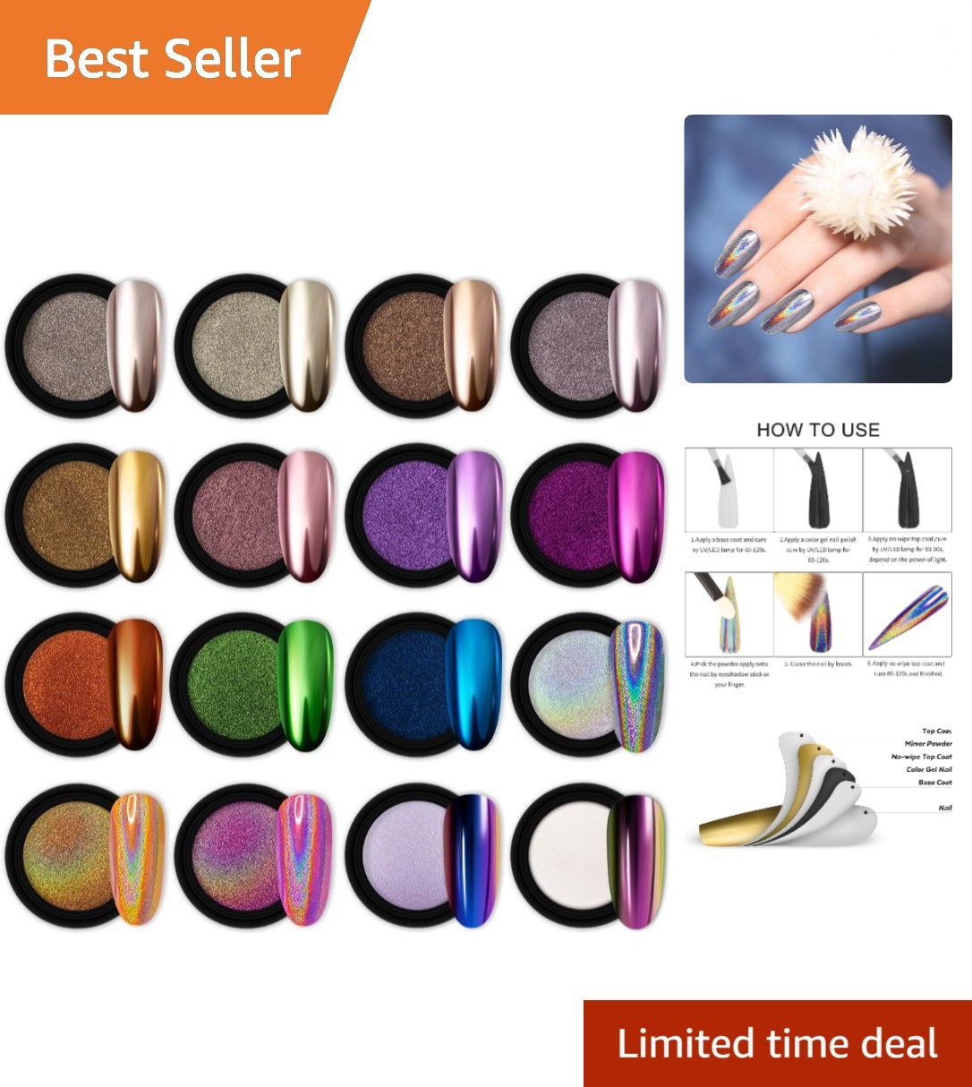 Versatile 16-Piece Chrome Nail Powder Collection for Glittering Nail Creations
