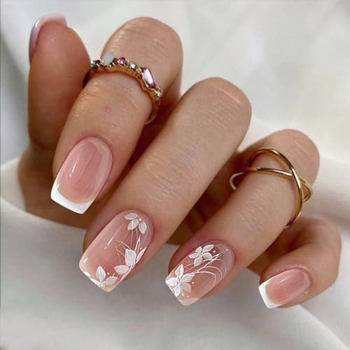 French Tip Fake Nails Square Short Press on Nails with Designs 0F-White Flower