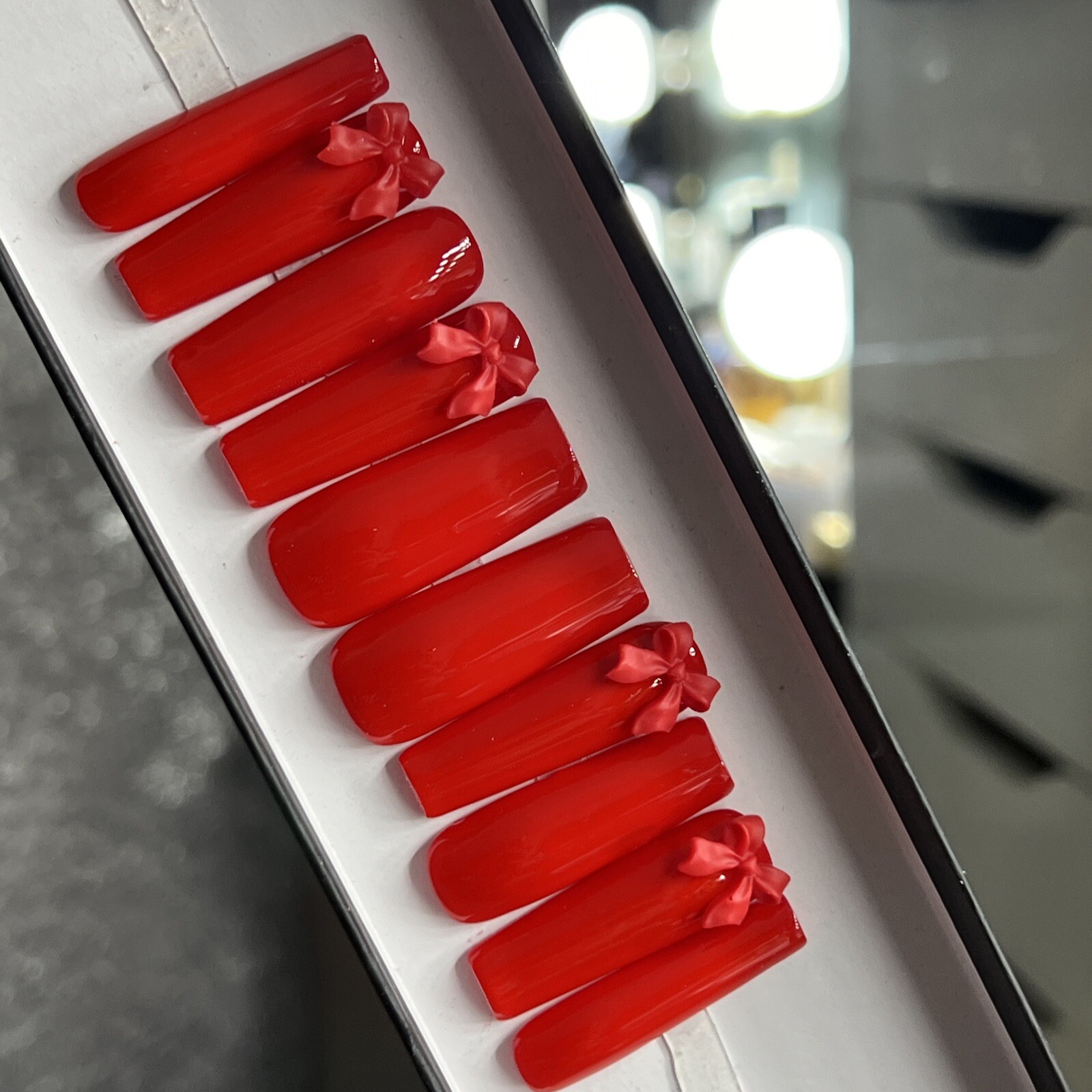 🔥CUSTOM Gel Press On Nails, CLASSIC RED BOW, 10p set FULL SET W Kit LONG SQUARE