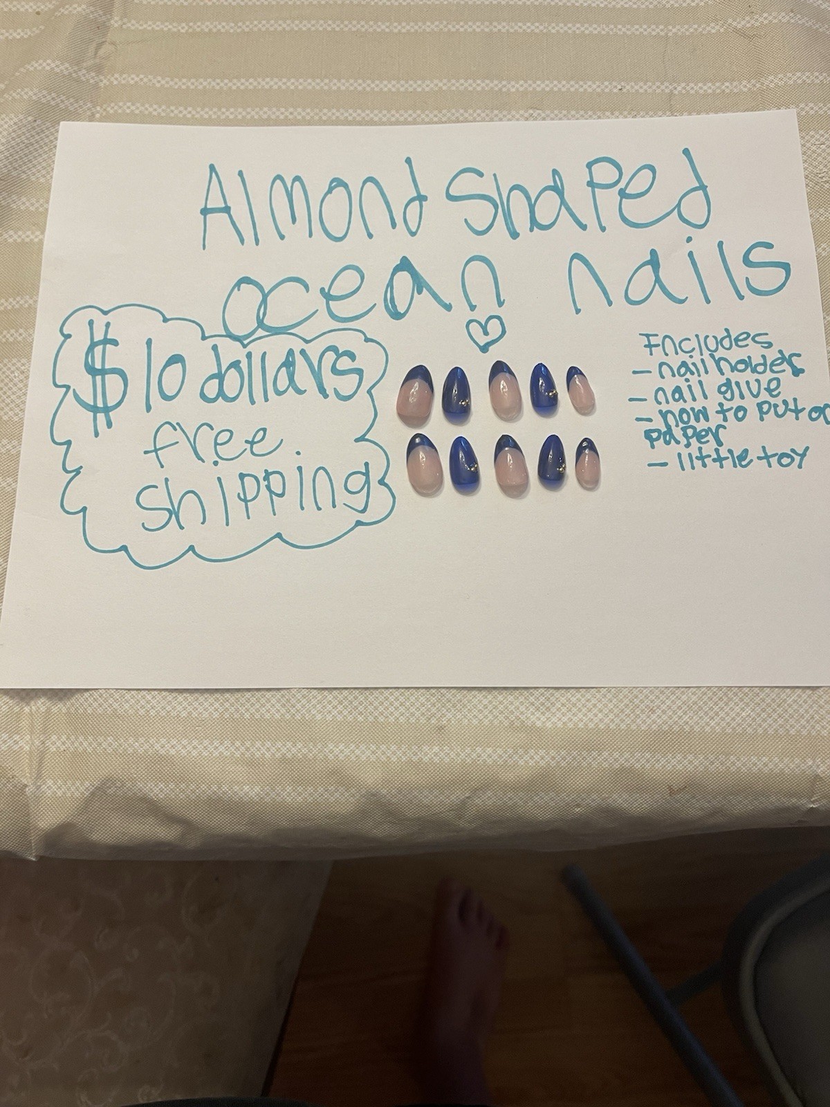 Ocean Almond Press-On Nails Medium Blue/Nude Shiny, Glue Included