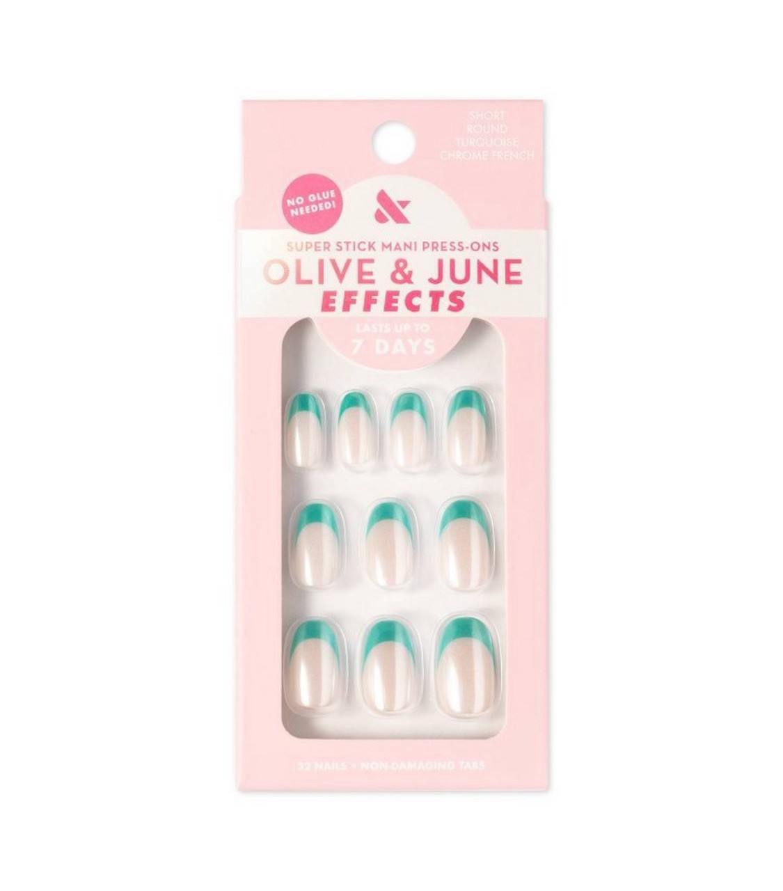 Olive And June Effects Press On Fake Nails Turquoise Chrome French Short Round