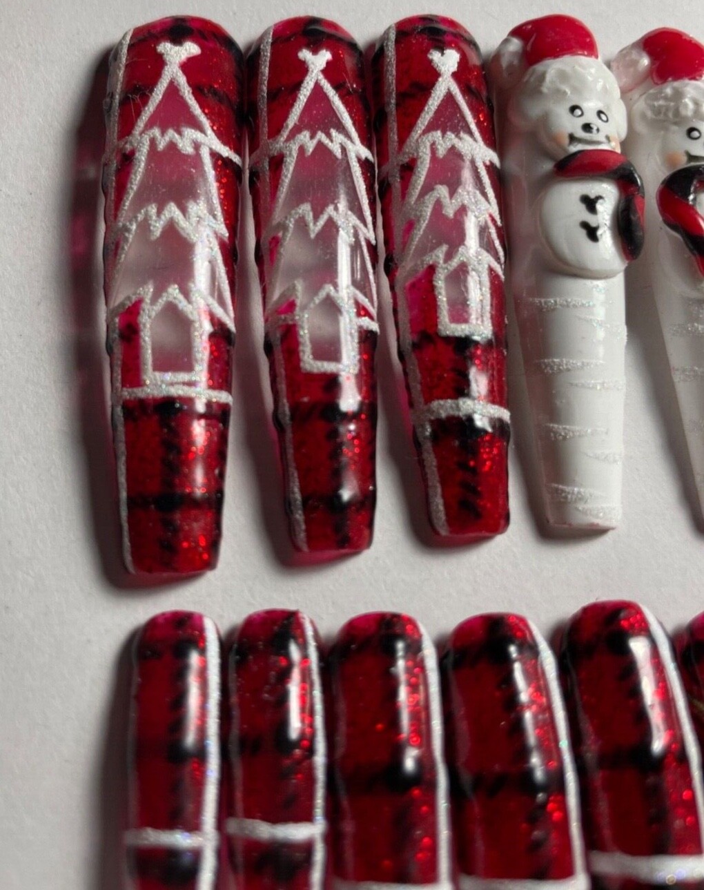 press on nails custom 24 3XL Christmas tree snowman 3-D coffin plaid red sparkle