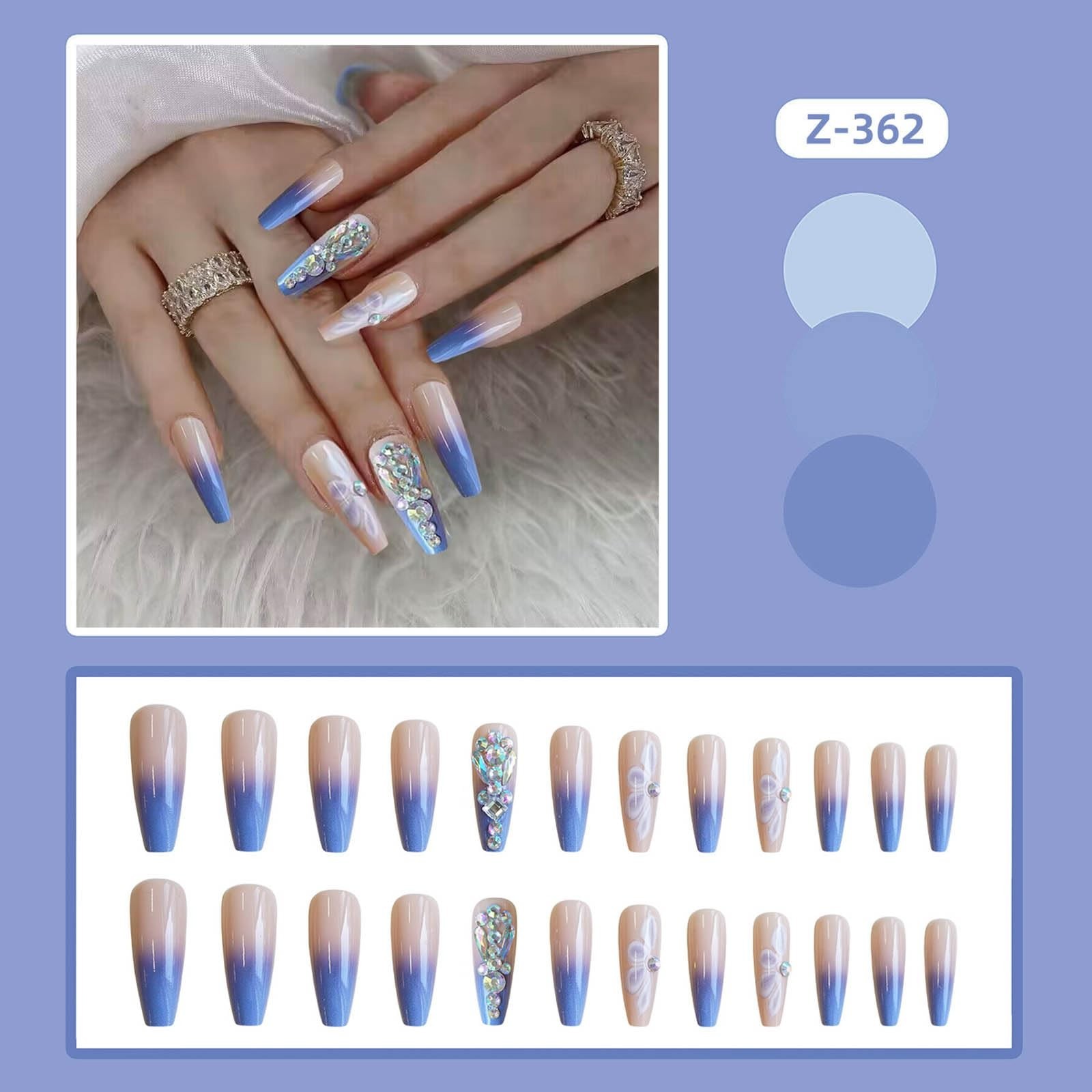 Blue Ombre French Tip Press On Nails with AB Rhinestones