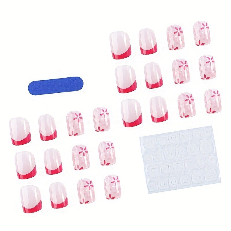 48 Pcs of Spring/summer Pink Flower Short Gloss Detachable and Reusable Nail Art