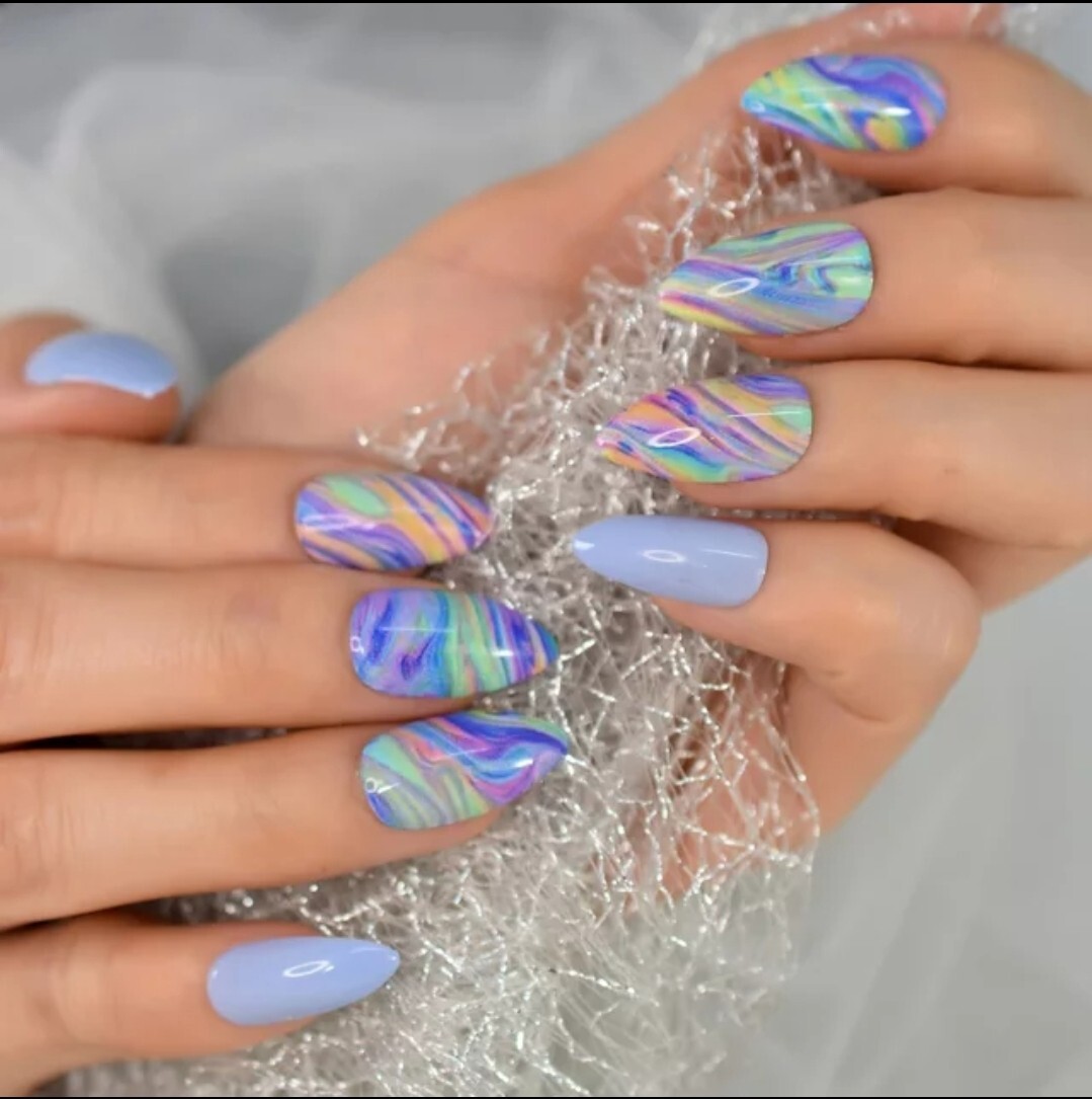 24 Periwinkle Purple Press On Nails Artsy Swirl pointed almond stiletto neon blu