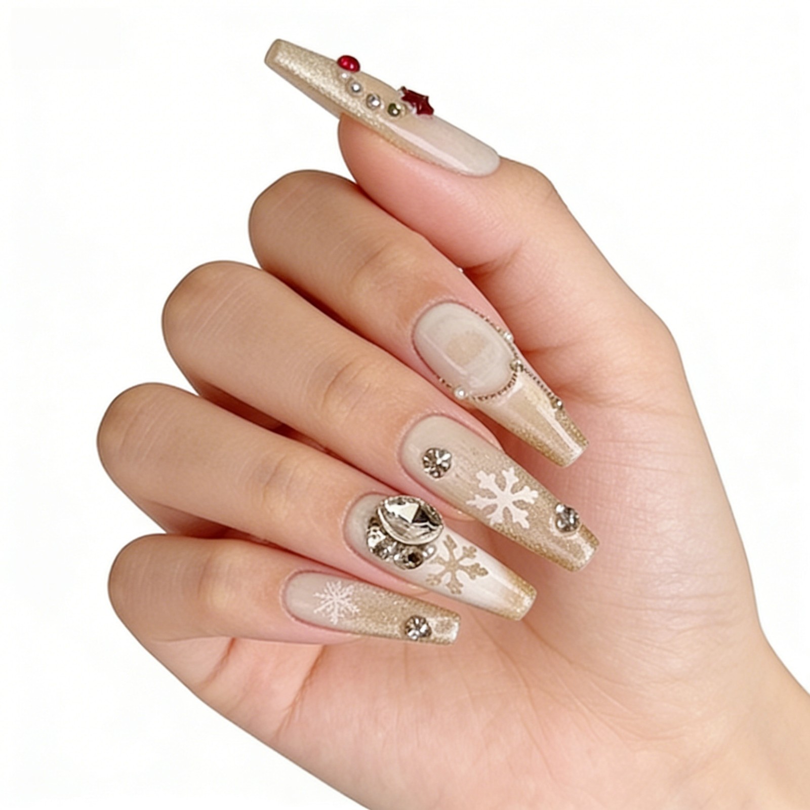 Christmas Glitter Press On Nails Long Coffin Gold Snowflake Rhinestone Set