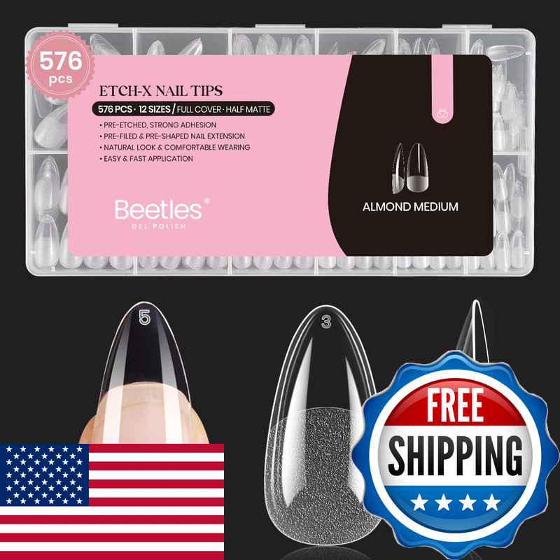 Beetles Gel Polish Beetles Medium Almond Nail Tips 576Pcs 12 Sizes Pre-Etched