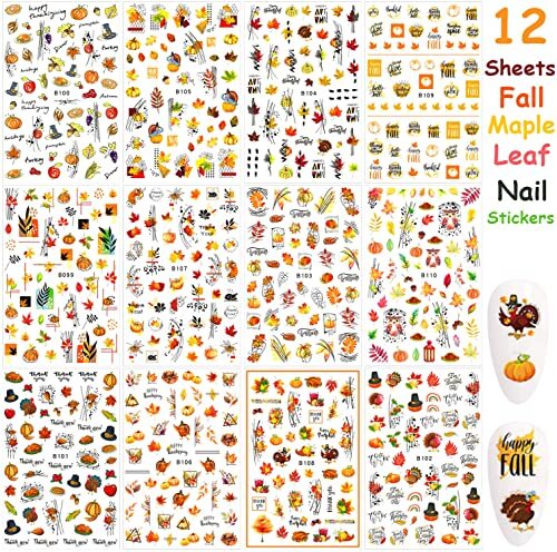 12 Sheets Fall Nail Art Stickers 3D Autumn Leaves Nail Decals Self-Adhesive A2