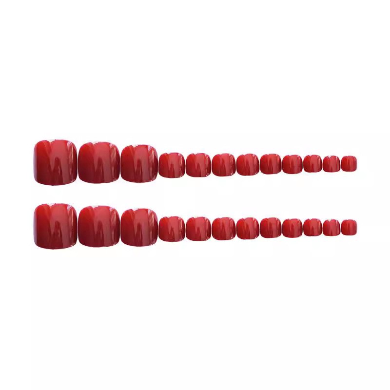 48Pcs-Daily Square Toe False Nails Red Solid Glossy Minimal Press on Toenails