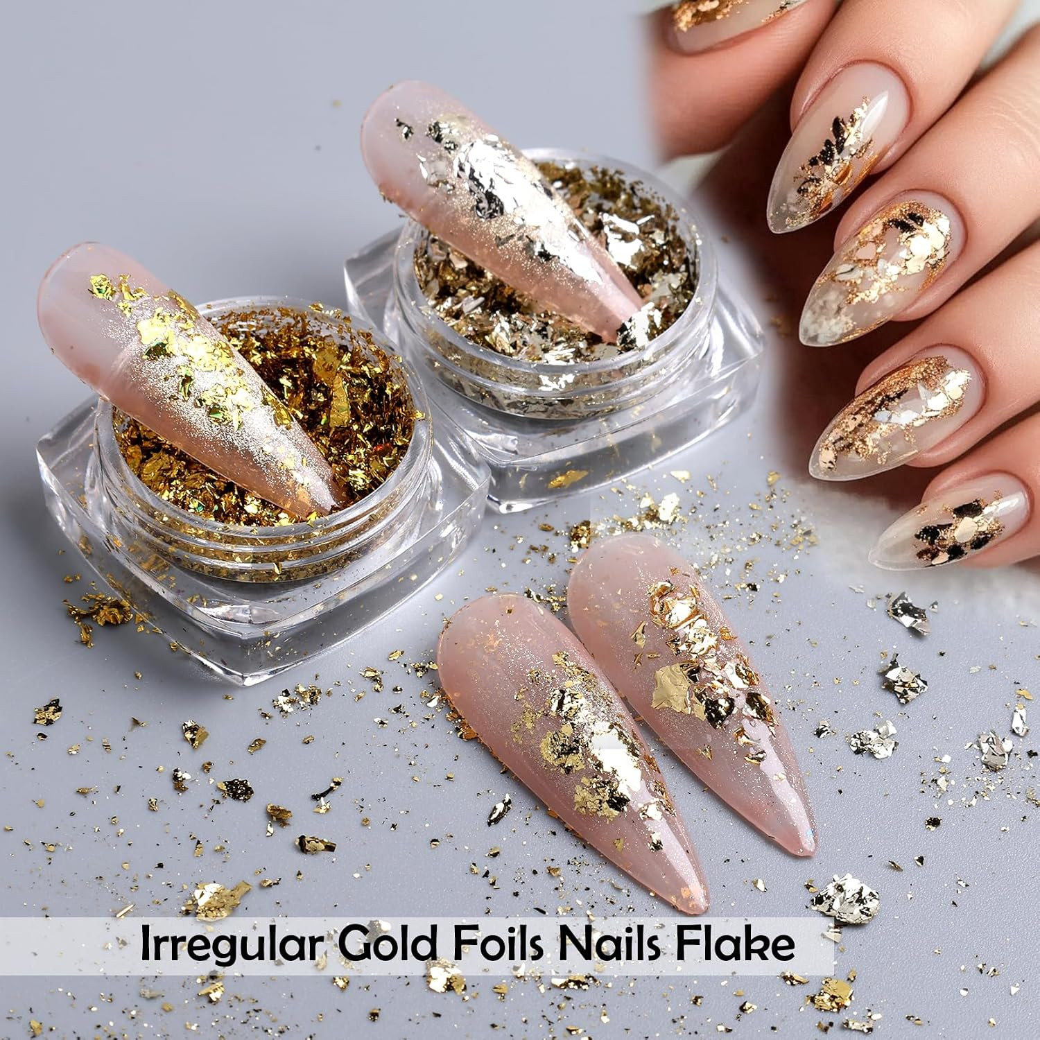 8 Bottles Gold Flakes Nail Glitter Foils Metallic Gold Silver Black Rose Golden