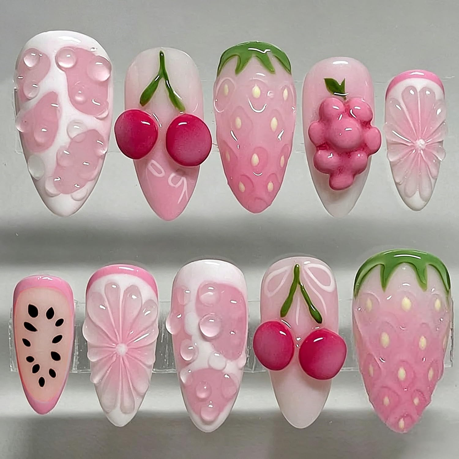 30Pcs Summer Press on Nails Medium Almond Cute Flower Fake Nails Pearl Rhineston