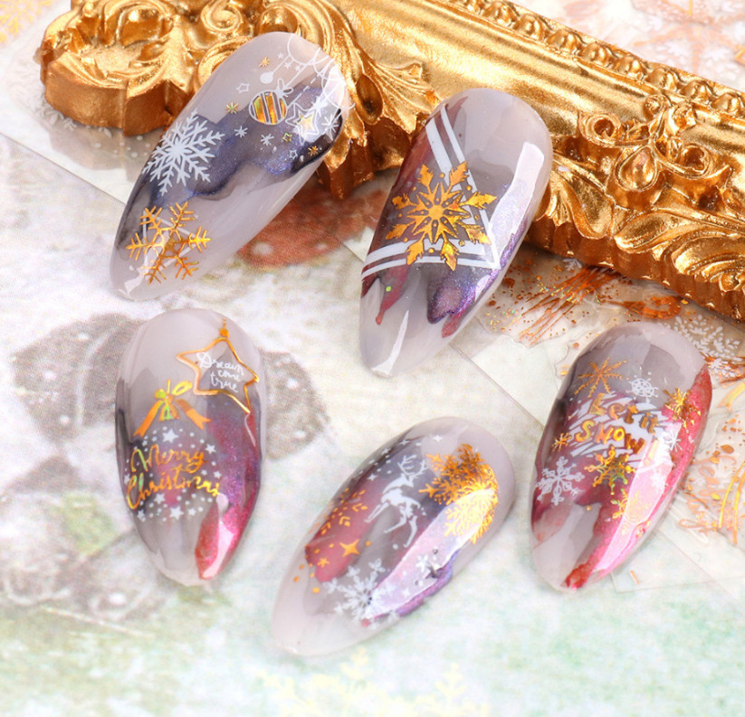 Nail Art Stickers Decals Christmas White Gold Snowflakes Tree Wreath Bauble NS38