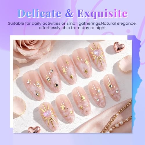 3D Boho Stars Gold Press On Nails Almond Medium 30 Pieces (Pack of 1) Q-1029