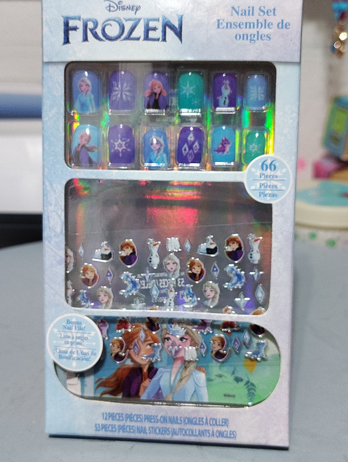 66 Piece Disney Frozen Nail Set~12 Press-On Nails & 53 Nail Stickers, New In Box