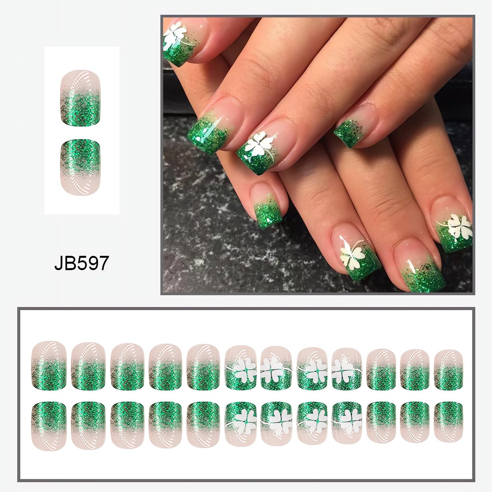St. Patrick’s Day Press on Nails Short Square Fake Nails Green French Tip Pre…