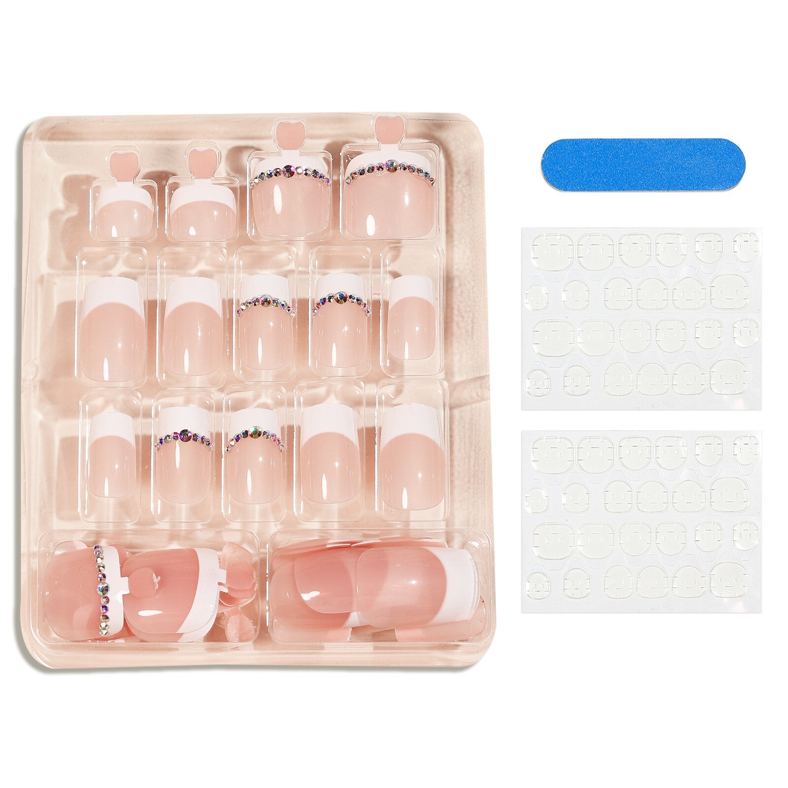 24 Pcs French White AB Rhinestone False Nail Short Press on Nails for Finger Kit
