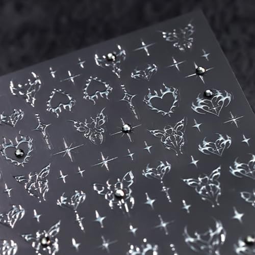 Silver Star Nail Art Stickers 5D Self Adhesive Heart Silver Butterfly Star