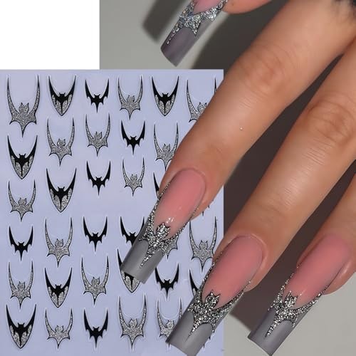 6Sheets Halloween Silver Glitter Bats Nail Stickers Halloween Nail black bat