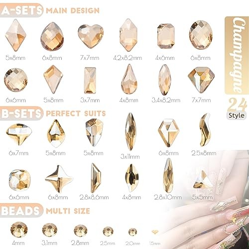 qiipii Rhinestones and Glitters 24 Shapes K9 Glass 4 Boxes Champagne Gold