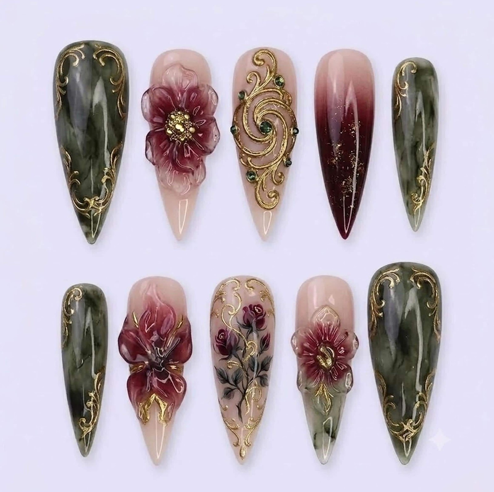Custom Handmade Vintage Rose Gold Filigree Jade Gradient Stiletto Press on Nails