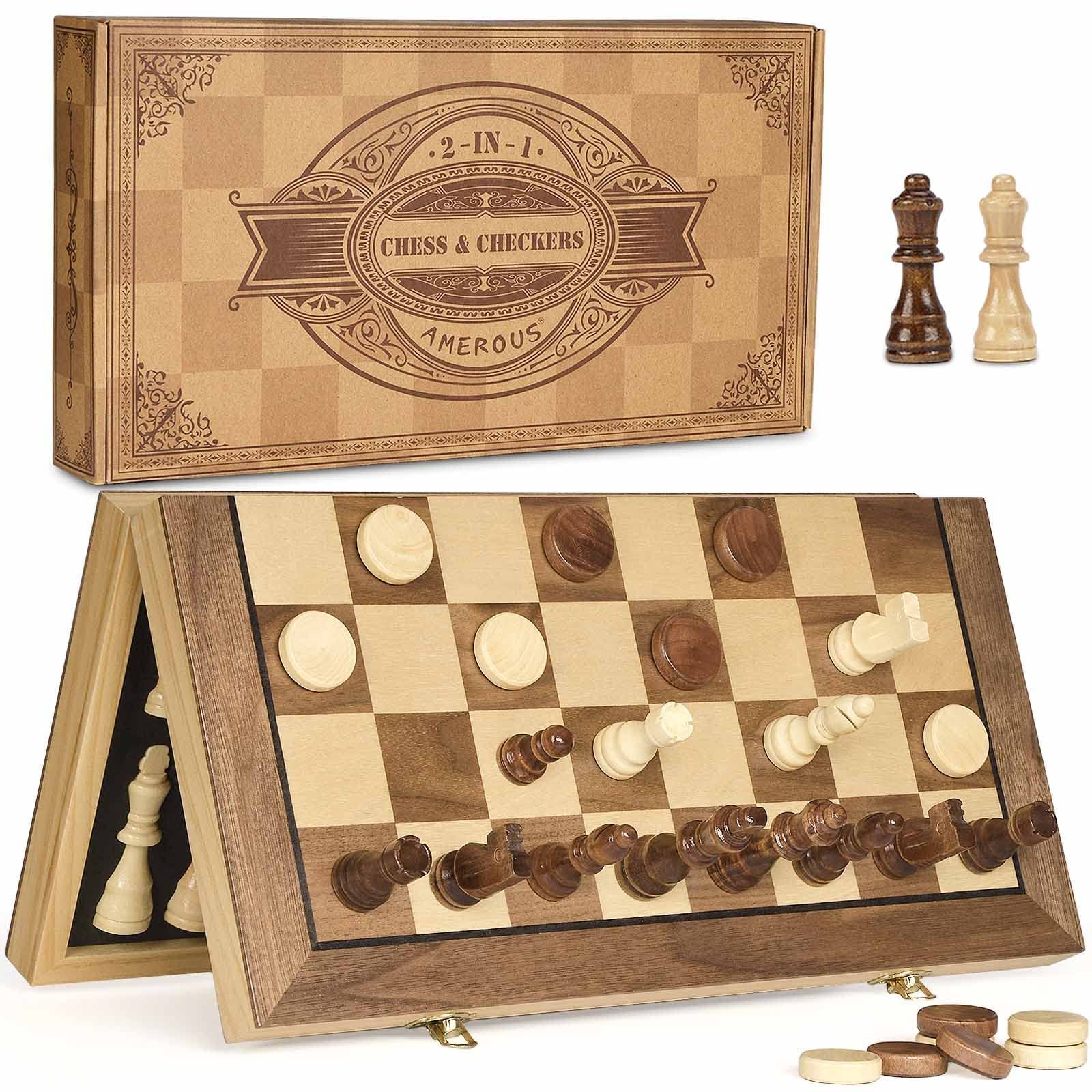AMEROUS 15” Magnetic Wooden Chess & Checkers Game Set -2 Extra Queens Brown