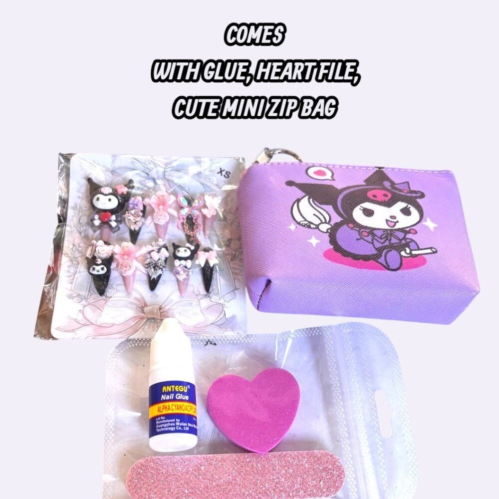 Y2K HK Press On Nails Cute KUROMI handmade premium Fake Nails Set NEW XSMALL