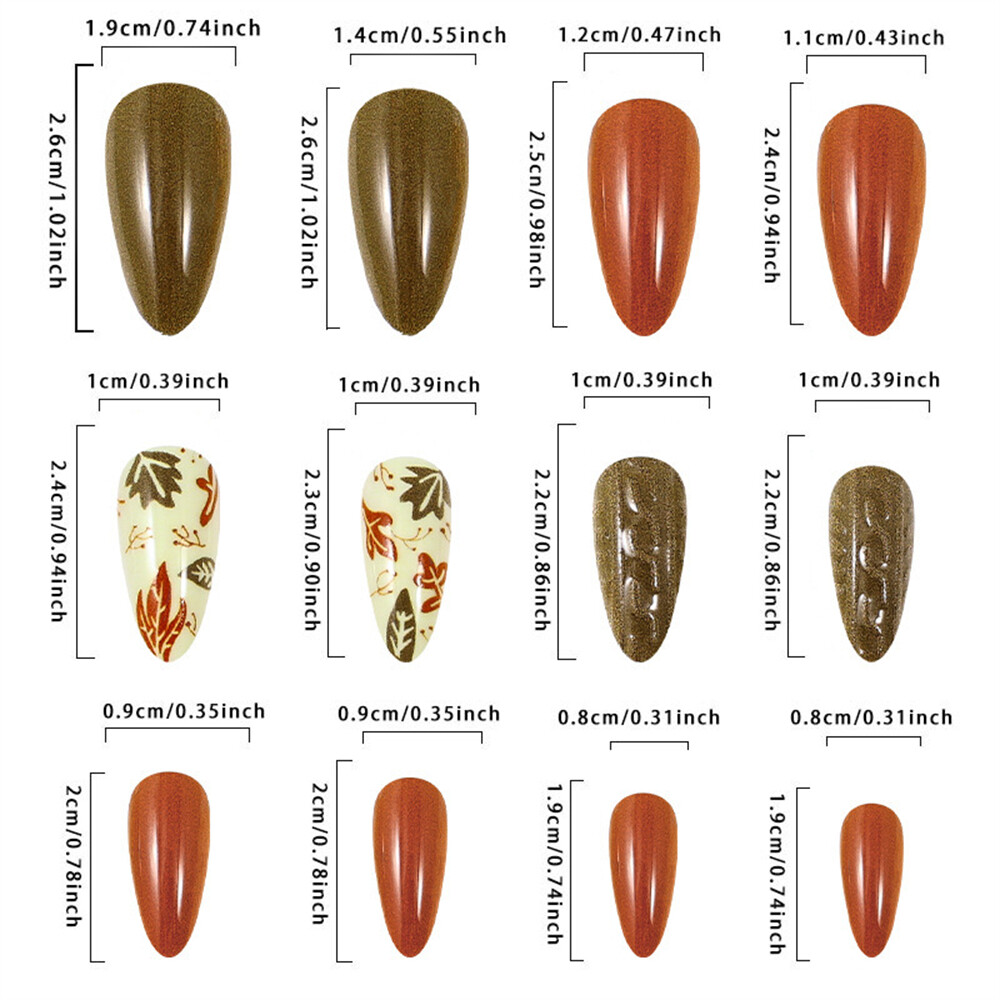 Short Almond Press-On Fake Nail Maple Leafs Thanksgiving Day Fall Manicure 24pcs