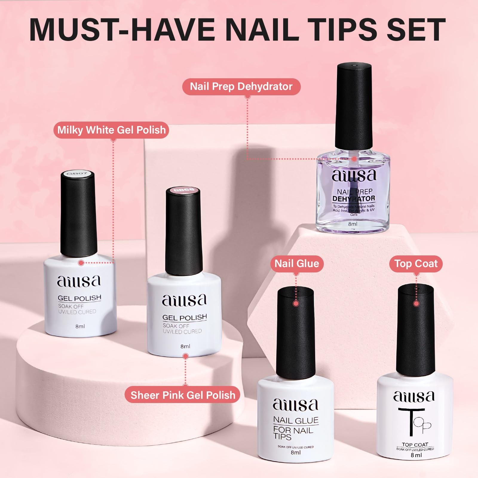 AILLSA Almond Nail Kit 240PCS, Short Full Matte 240pcs(White Pink)