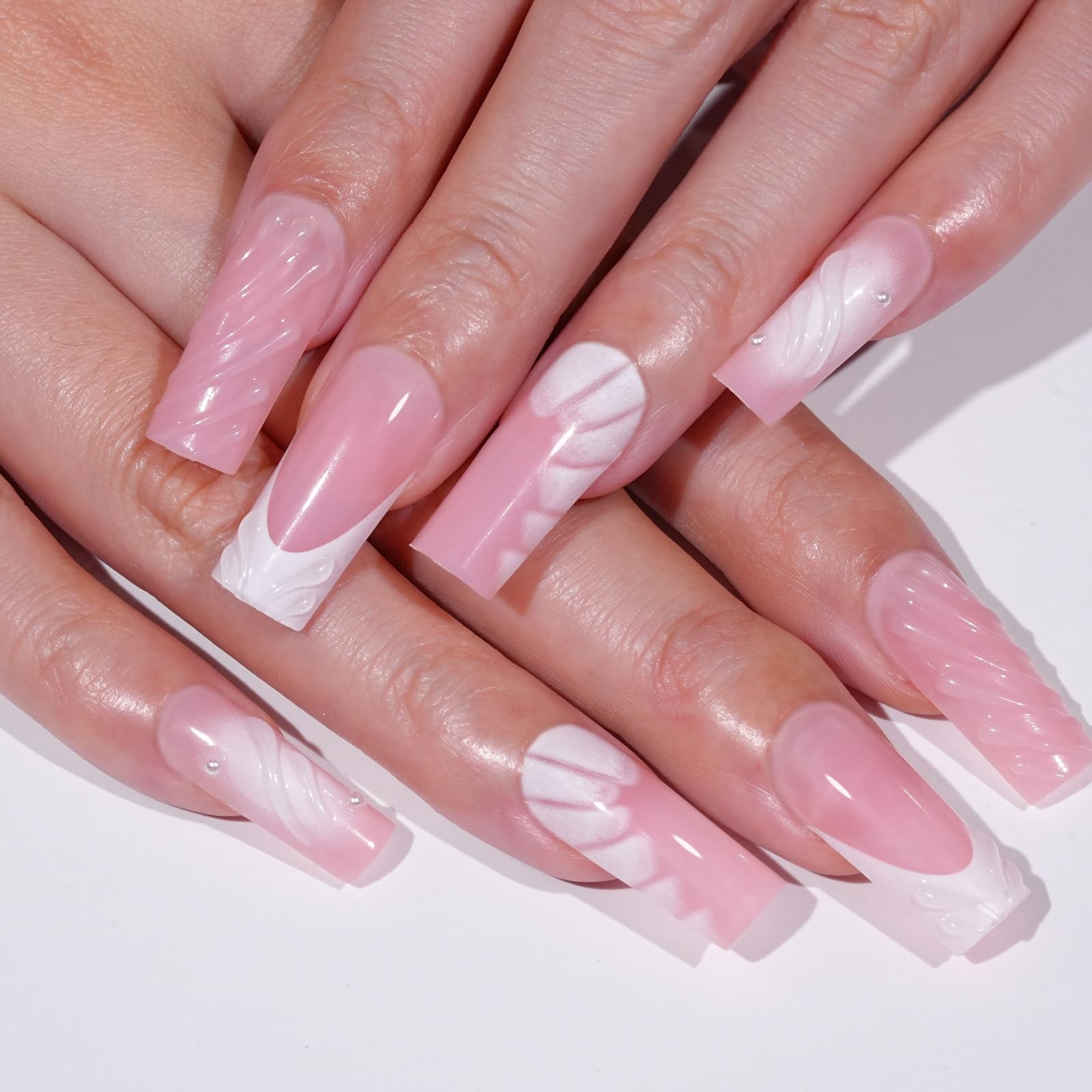 Press on Nails Medium Long Rhinestone Pearl Pink Ombre Fake Nails Square Glos…