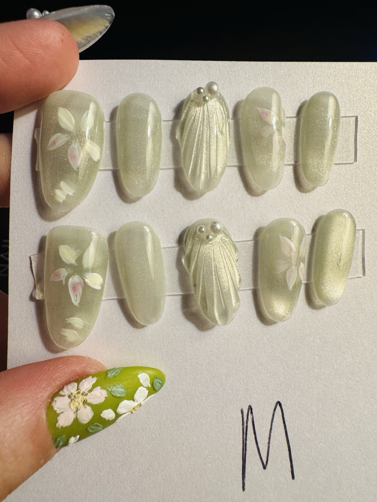 Hand Painted 3D Light Green Floral Press On Nails Size Medium