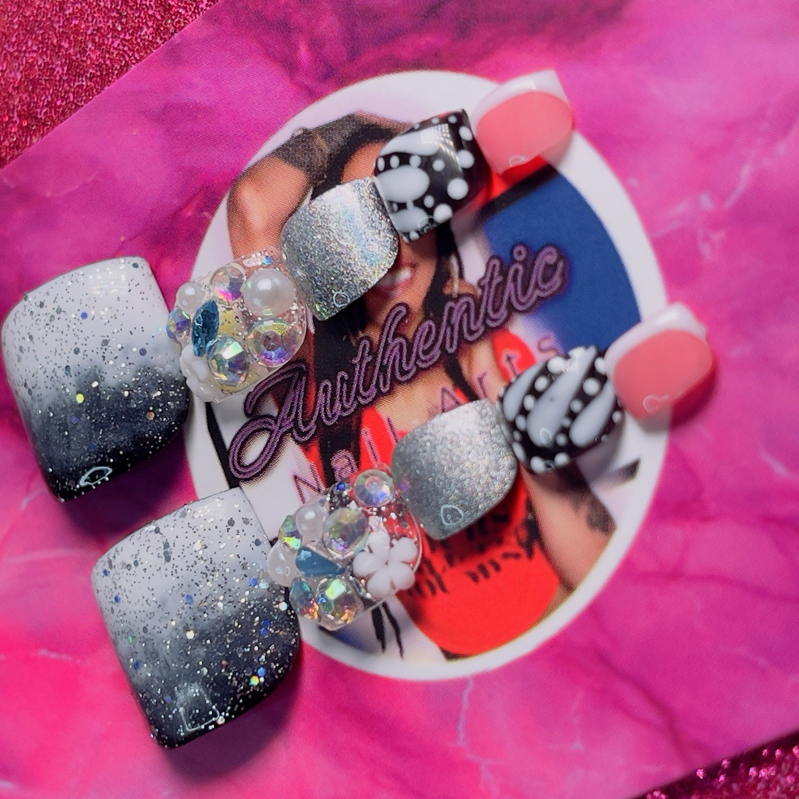 Square Press-On Nails Black Silver Pink Glitter 3D Sparkle by Authentic Nail Art