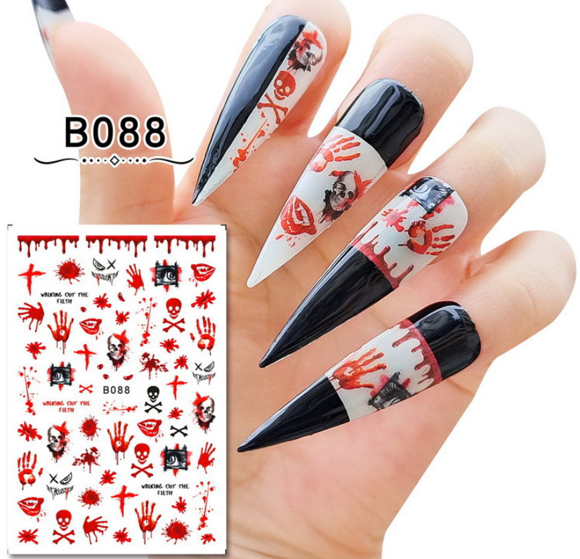 3D Nail Art Stickers Decals Halloween Bloody Hands Lips Skull Bumble B88 NH15