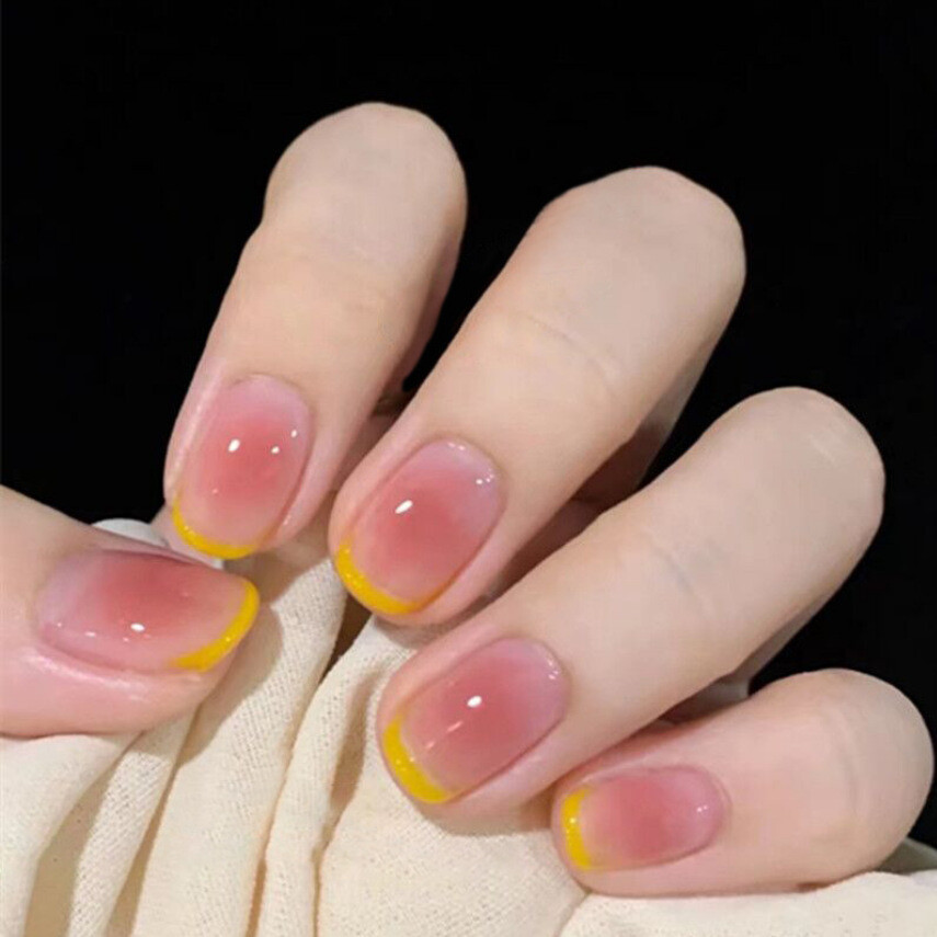 Handmade Press On Nails – Glossy Short French Tip Nails, Square Coffin Almond