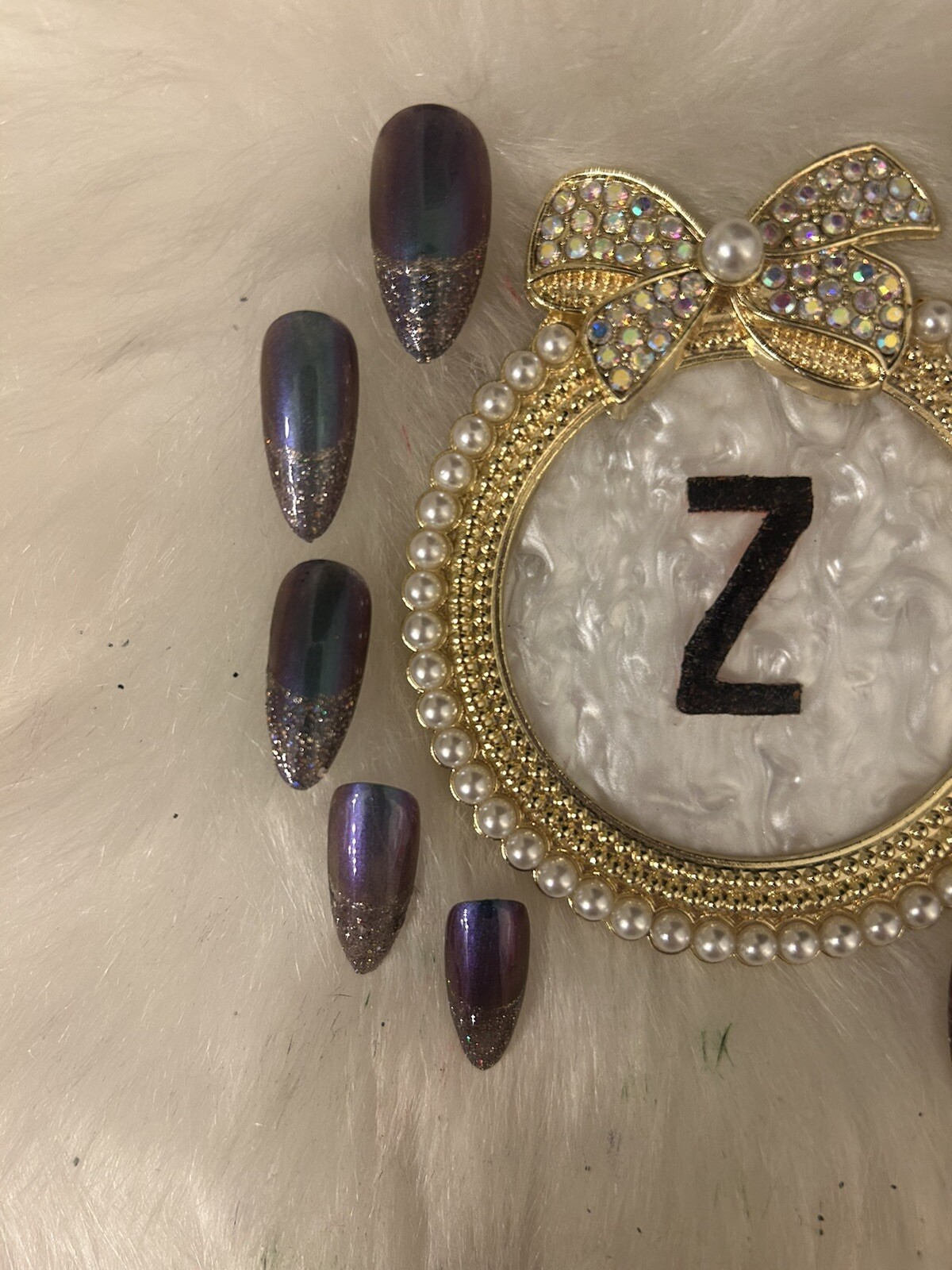 Z NAILZ! Gorgeous Handmade M Almond Green, Purple & Gold Reflective Press Ons
