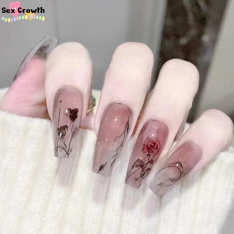 24xFake Nail Gradient Smudged Ink Chinese Style Long False Nails Press On Nails