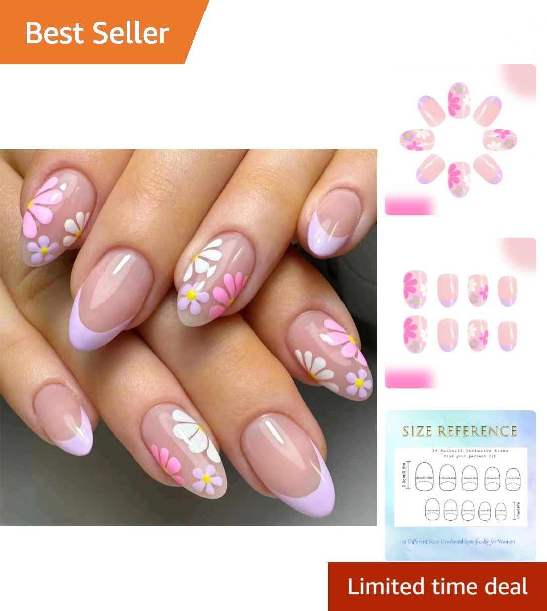 Custom Fit Floral Short Almond Press On Nails – 24 Pcs in Glossy Pink – Easy Use