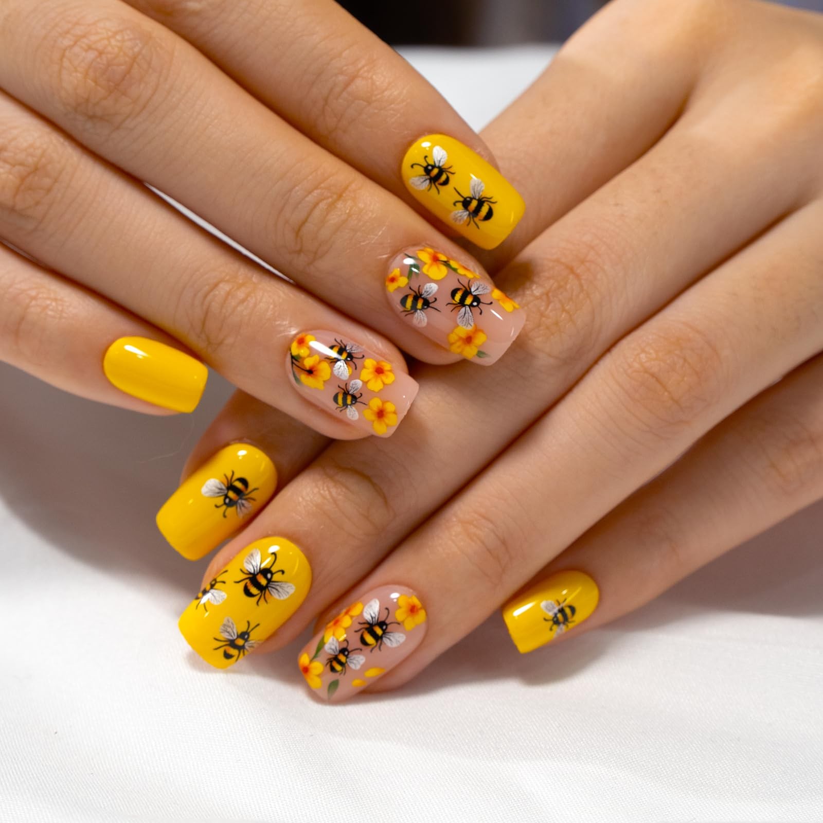 Soft Gel Press on Nails, 30Pcs 15 Sizes Nail Tips, Full Cover Small Bee Style…
