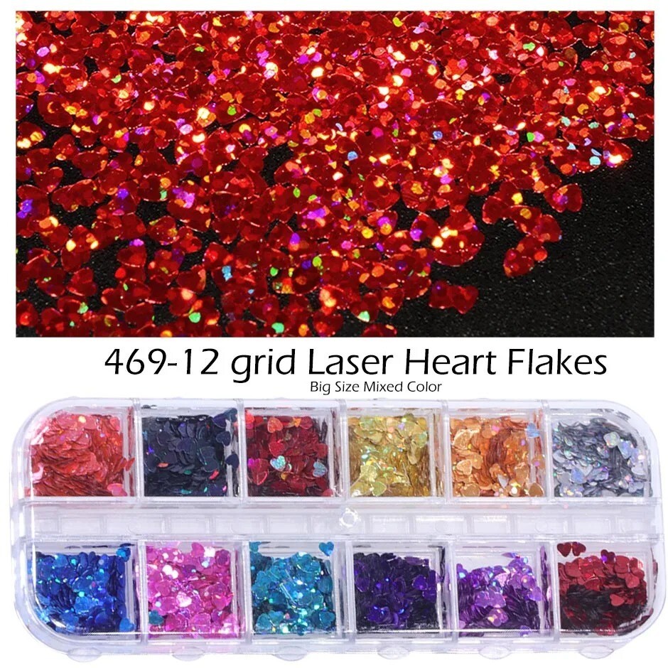 12 Grid 3D Love Heart Nail Art Glitter Holographic Laser Chunky Face Body Tattoo