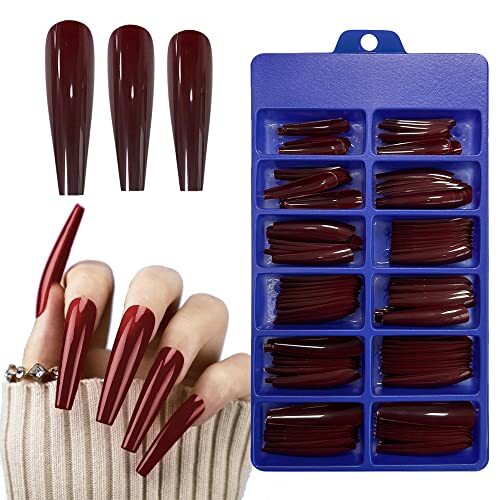 Long Press on Nails Full Cover Extra Long XXXL Glossy Coffin Press on Burgundy