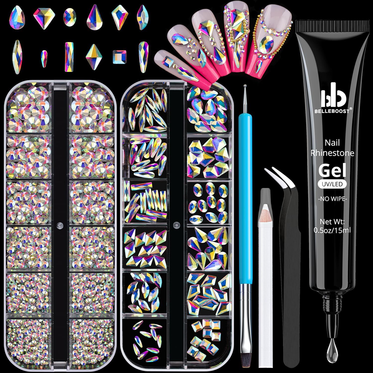 Nail Art Rhinestones Kit 3D Flat Back Glass Crystal Gemstones for Nails