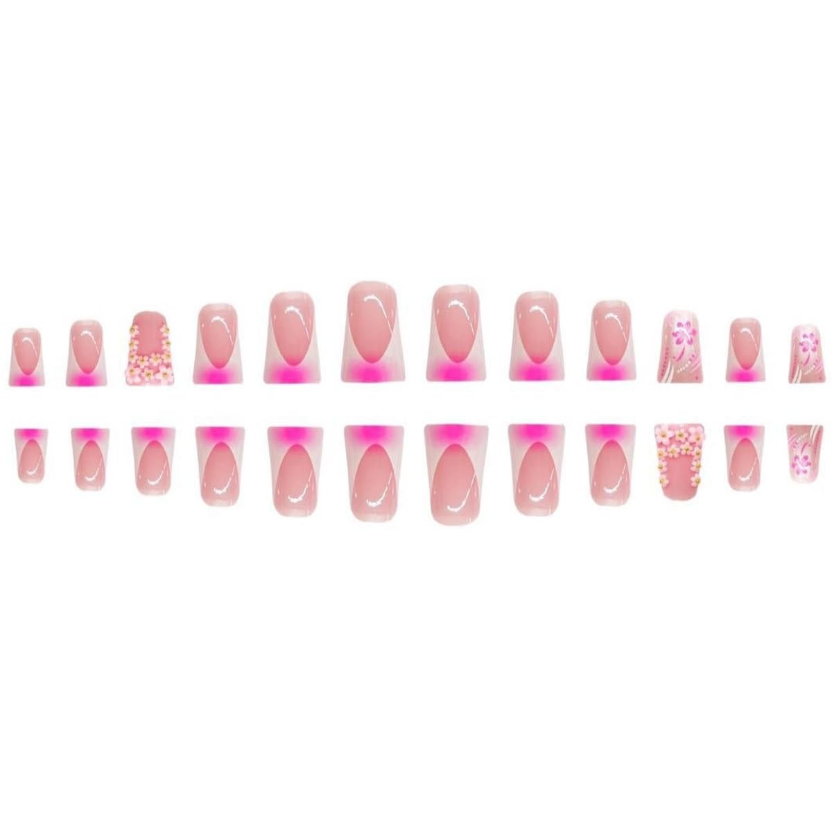 Medium Long Silver Press On Nails Pink Ombre White Gold Bare Floral French