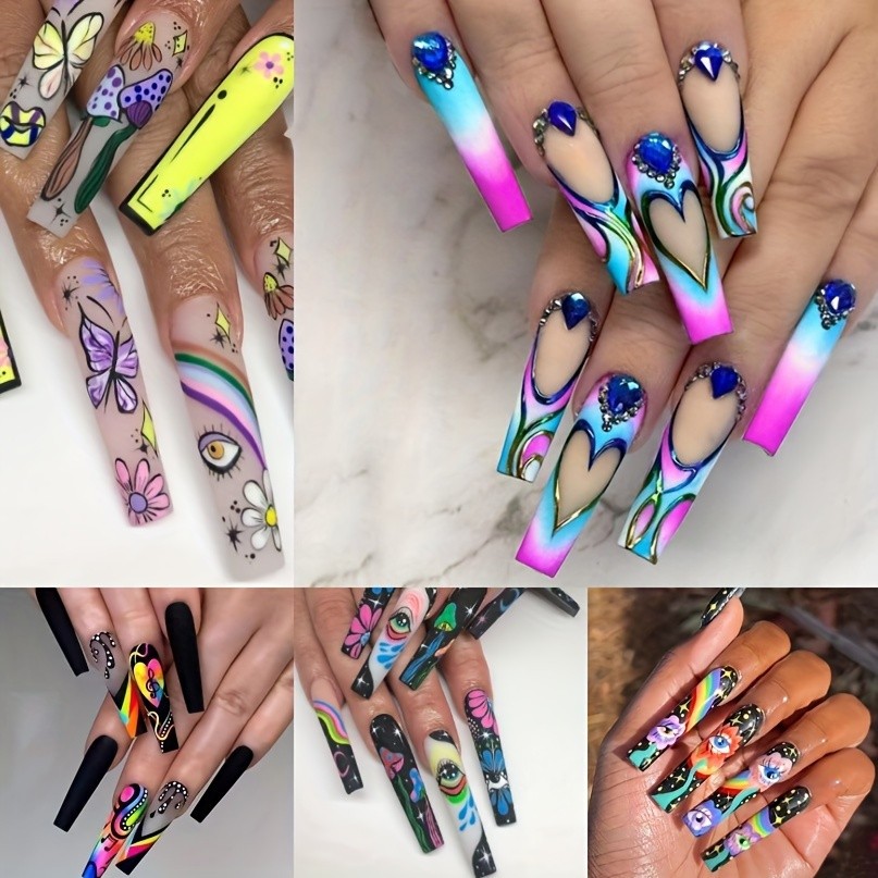 120pcs Bold Colorful Cartoon Press On Nails Eye Rainbow Long Coffin Fake Nails