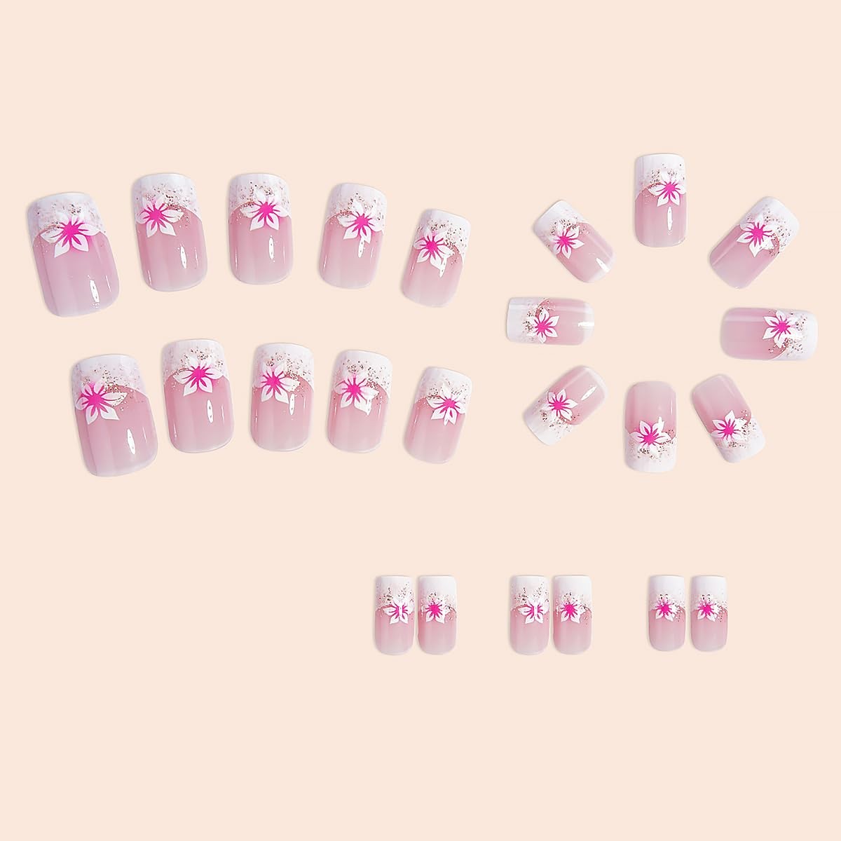 24pcs French Tip Press On Nails – Short Square Pink Flower Fake Multicolor