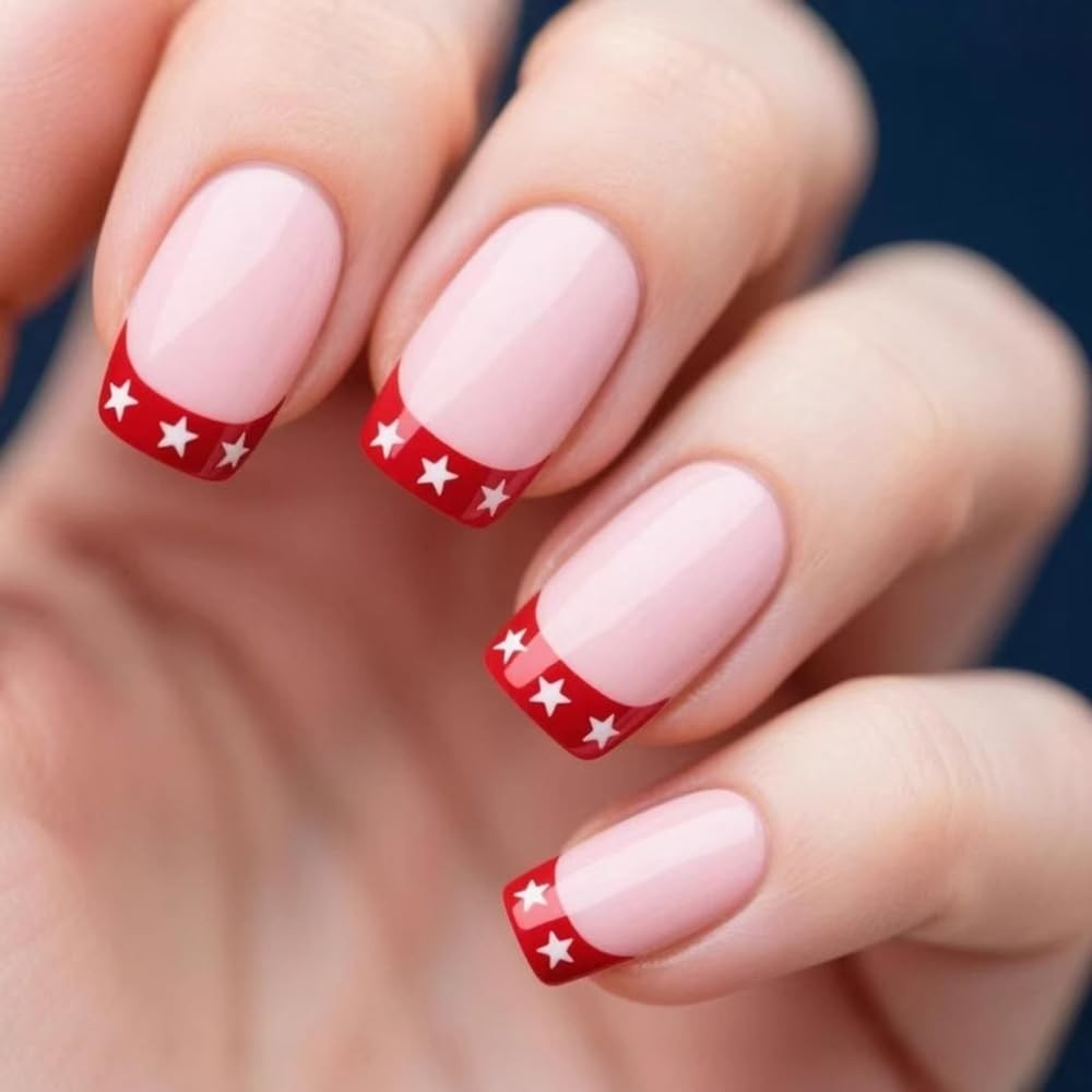 24Pcs 4th of July Press on Nails Short Fake Nails Red French Tip Nails Indepe…